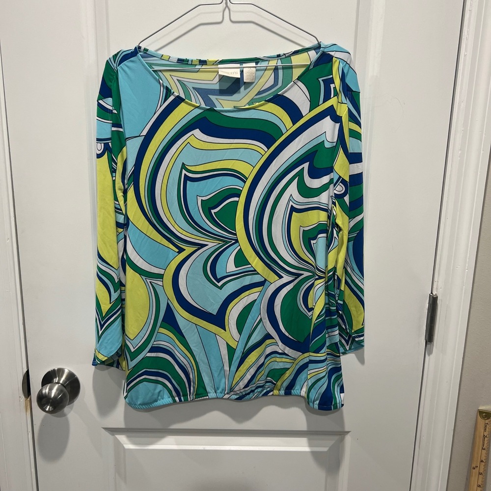 Chicos Women Blue Green Abstract Swirl 3/4 Sleeve Knit Blouse Size 2